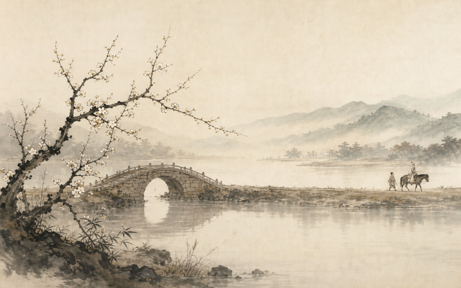 水墨意象：湖水梅花小橋
